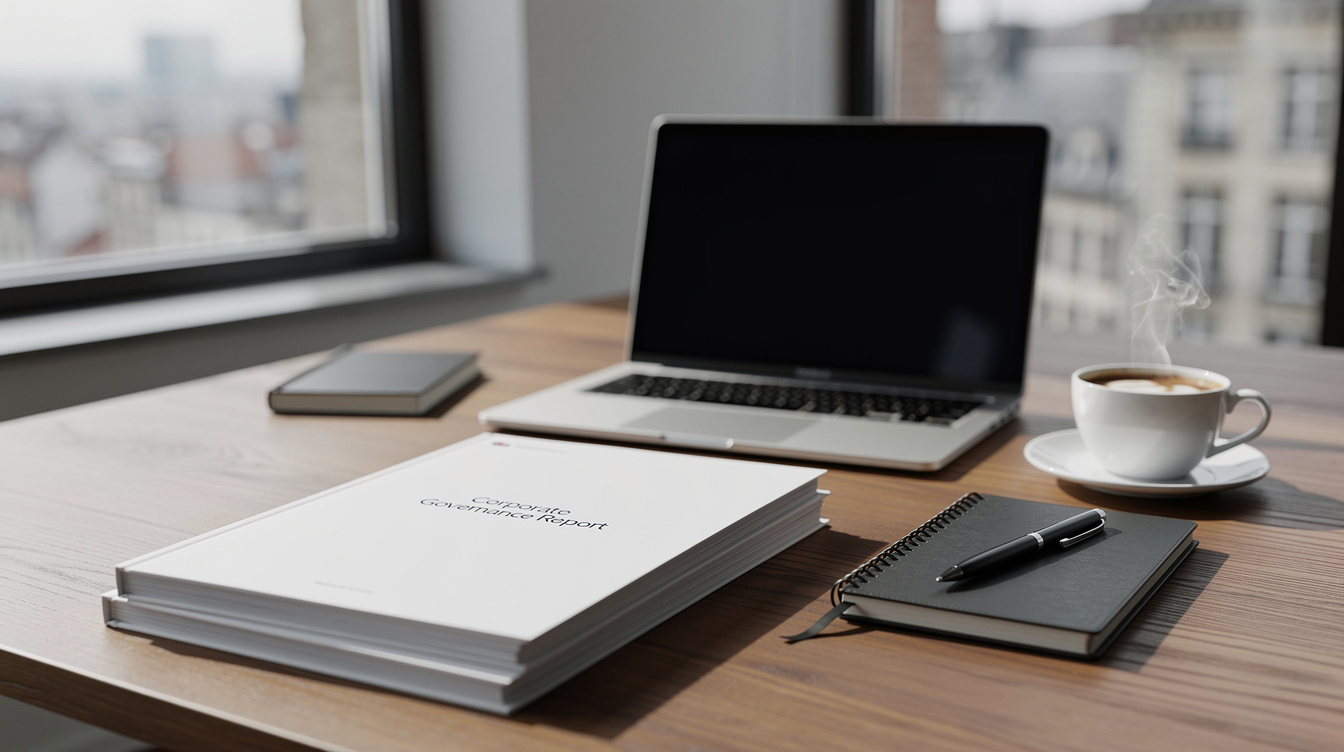 Office desk with corporate governance documents and a laptop