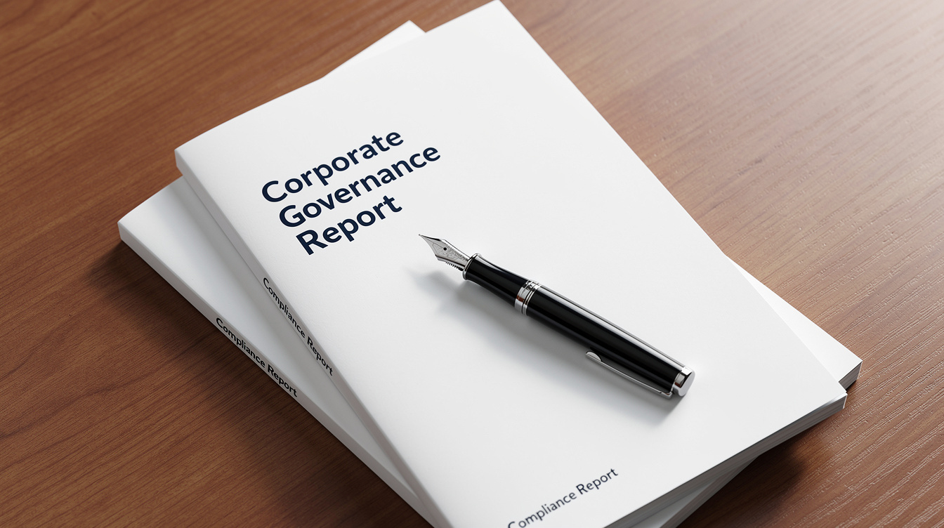 Stack of corporate governance reports with a pen